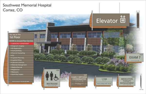 Illustration of the 1st floor of Southwest Memorial Hospital in Cortez, CO. Includes directions to elevator, emergency department, diagnostic imaging, and more. Prominent signs for exam rooms, restroom, medication therapy management, and family birthing coordinator.
