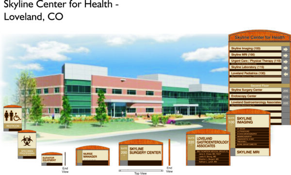 Exterior view of Skyline Center for Health in Loveland, CO. Signs indicate locations for imaging, MRI, physical therapy, laboratory, pediatrics, surgery center, endoscopy, gastroenterology, nurse manager, and other services. Garden and parking signage visible.