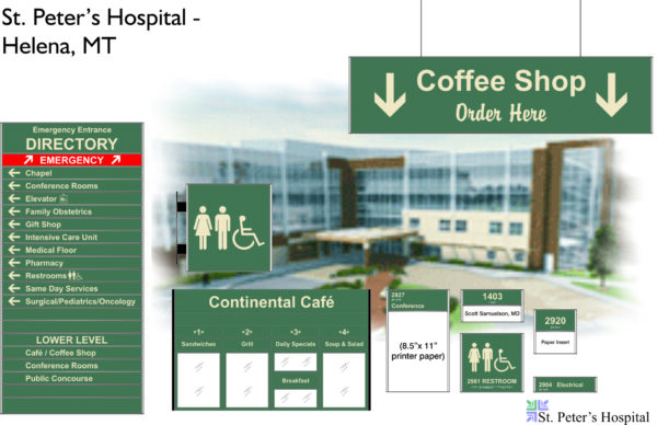 Image of the entrance directory for St. Peter's Hospital in Helena, MT. Includes emergency services, various medical departments, a coffee shop, the Continental Café, and different room numbers. The background shows the hospital building.