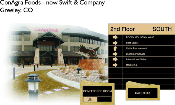 Exterior of ConAgra Foods building, now labeled Swift & Company, in Greeley, CO, with a directory sign pointing to various departments on the 2nd floor south wing including Rocky Mountain Wing, Beef Sales, Cattle Procurement, and more. Conference room and cafeteria signs are also visible.