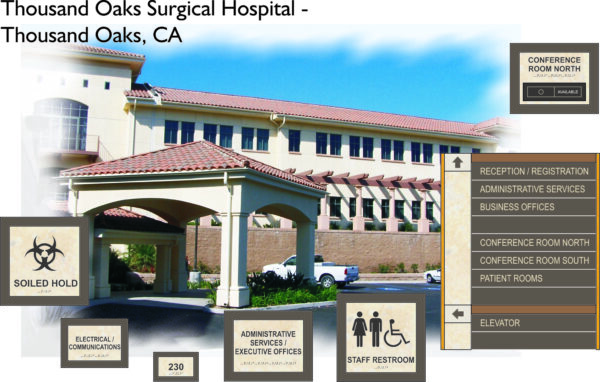 A large building under a blue sky, labeled Thousand Oaks Surgical Hospital. Signs point to reception, admin services, business offices, conference rooms, restrooms, and soiled hold. A sign also indicates the location for electrical/communications at room 230.