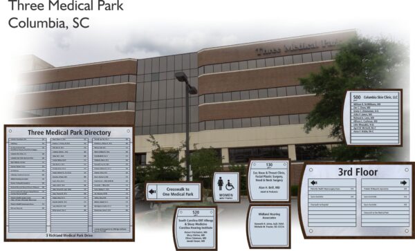 A multi-story medical office building in Columbia, SC labeled "Three Medical Park." Surrounding it are signs listing various directories, including Three Medical Park Directory, Crossroads to One Medical Park, a women's restroom, 3rd Floor offices, and suite-specific directories.