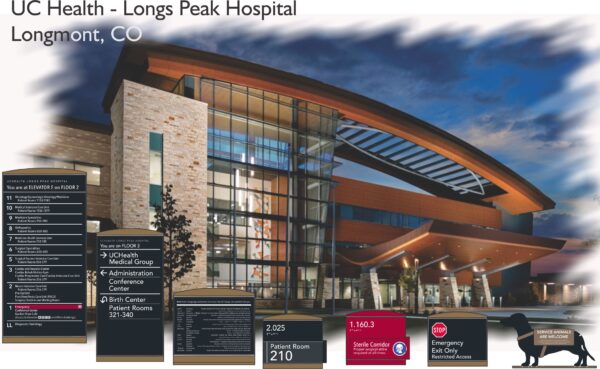 A modern building with large glass sections and wooden accents is depicted. Surrounding the building image are various signs detailing parking, hospital services, and emergency access points related to UC Health - Longs Peak Hospital in Longmont, CO.
