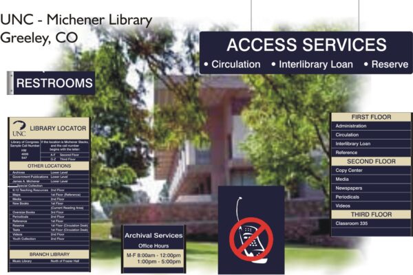 Image of a signboard for Michener Library at UNC Greeley, CO. Highlights include access services such as Circulation, Interlibrary Loan, and Reserve. Also lists library locator, other locations, restroom signs, archival service hours, and floor directories. .