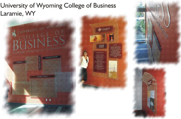 A collage of images showcasing the University of Wyoming College of Business. It features a red wall with informational plaques detailing leadership, innovation, and stewardship. A person poses next to one of the plaques. Sunlight filters in through large windows.