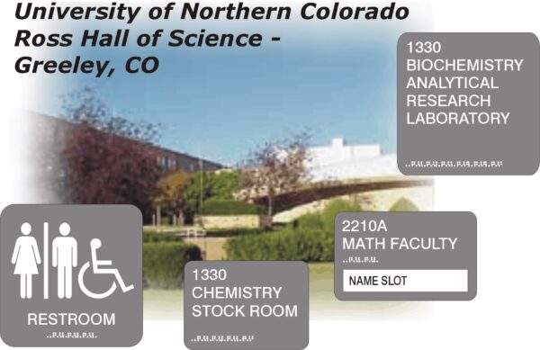 Signage for the University of Northern Colorado's Ross Hall of Science in Greeley, CO. Labels include Biochemistry Analytical Research Laboratory (Room 1330), Chemistry Stock Room (Room 1330), Math Faculty (Room 2210A with a name slot), and Restroom (accessible).
