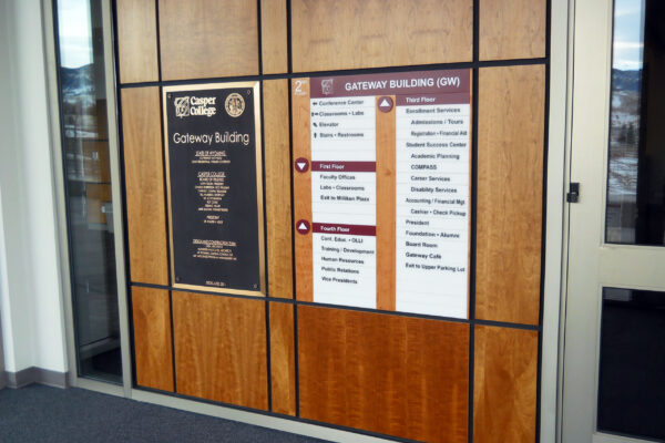 Wooden wall with two signage panels. The left panel lists various organizations and institutions; the right panel is a directory with floors and names of services and departments. A partially visible door is to the right. Tan and brown color scheme.