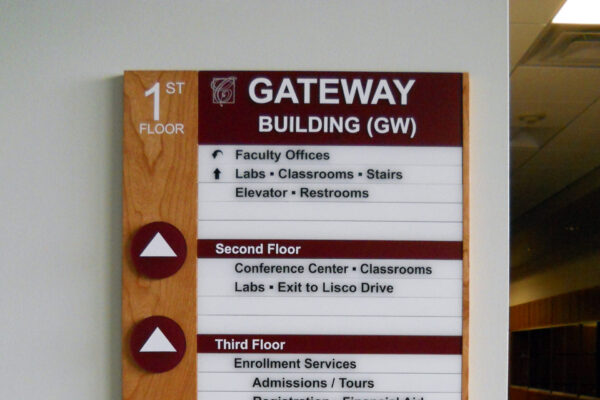 Directional sign for the Gateway Building (GW) detailing locations on four floors. First floor: Faculty Offices, Labs/Classrooms, Blairs, Elevator, Restrooms. Second floor: Conference Center, Classrooms, Labs, Exit to Luce Drive. Third floor: Enrollment Services, Admissions, Counseling, Registrar, Financial Aid, Student Success Center, Testing, Career Placement, Bookstore, Asher's Room, Career Pickup Policy, Exit to Lower Parking Lot. Fourth floor: Continuing Education, Center for Training, Development, Kathrine Sullivan Conferencing Room, Vice President's Office.