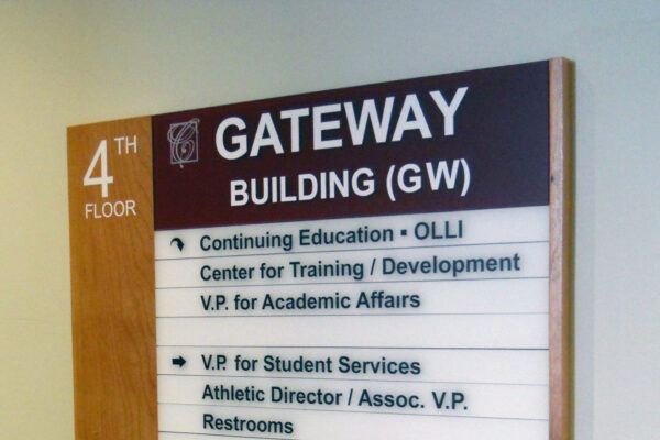 A wall-mounted directory sign on the 4th floor of the Gateway Building (GW). Listings include Continuing Education, Center for Training/Development, VP for Academic Affairs, VP for Student Services, Athletic Director/Assoc. VP, Human Resources, Public Relations, VP for Administrative Services, and Meeting Rooms 401 & 404.