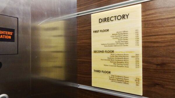 A directory sign mounted on a wooden wall lists rooms and their locations across three floors. The first floor details multiple rooms, the second floor lists several suites and rooms, and the third floor specifies additional rooms.