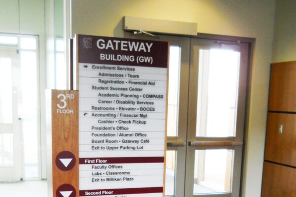 A directory sign in a building hallway indicating locations for various departments and offices under "Gateway Building (GW)." The sign has arrows pointing to different floors, a graphic at the bottom, and double doors in the background.