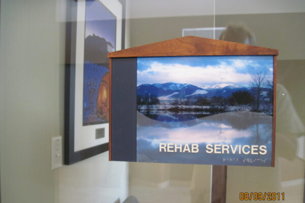 A sign reading "REHAB SERVICES" in capital letters is displayed under a photograph of a serene lake with snow-covered mountains in the background. The display is next to a framed picture hung on a light-colored wall.
