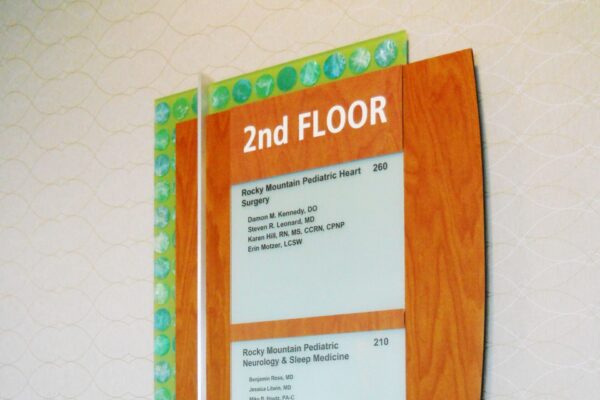 A directory sign for the 2nd floor on a wall. The sign includes a list of departments and room numbers in brown and white lettering. The sign has a wood-textured frame with a decorative blue-green border. The background wall has a hexagonal pattern.