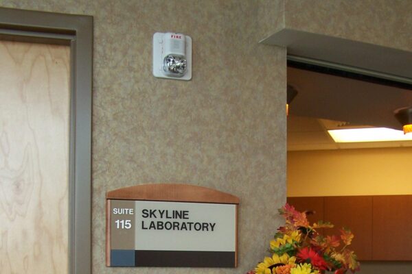 A laboratory door labeled "Suite 115 Skyline Laboratory" next to a beige reception counter with a bouquet of colorful flowers in a glass vase. The lab appears to be inside a building with beige textured walls and an open door, leading to a room with cabinets and bright lighting.