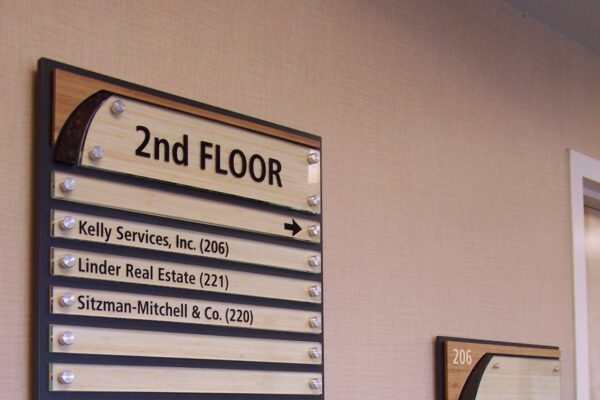 Directory and office sign in a building hallway. The directory lists businesses located on the 2nd floor, including Kelly Services, Inc., Linder Real Estate, and Indian Peaks Wellness, among others. A fire alarm is mounted below the directory.