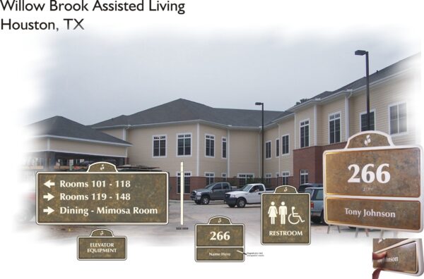 A large beige building with white trim identified as Willow Brook Assisted Living in Houston, TX. Signs indicate room numbers, dining area, restroom, and an elevator. A reserved parking spot is labeled "266 Tony Johnson." Several cars are parked in front.