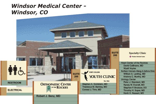Image of Windsor Medical Center in Windsor, CO. The building is seen with a clear sky above. Signs detail several medical offices, including Orthopaedic Center of the Rockies, Fort Collins Youth Clinic, Medical Center of the Rockies, and specialty clinics.